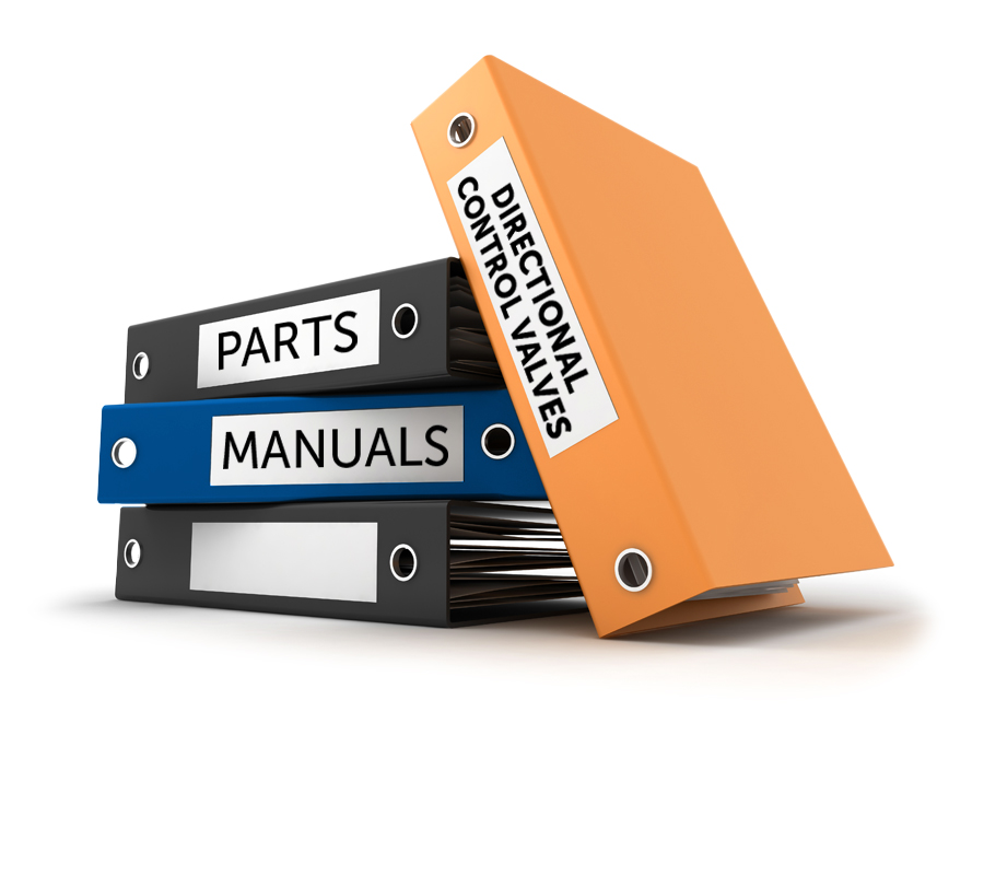 4 stacked binders; "parts", "manuals", "directional control valves"; white background