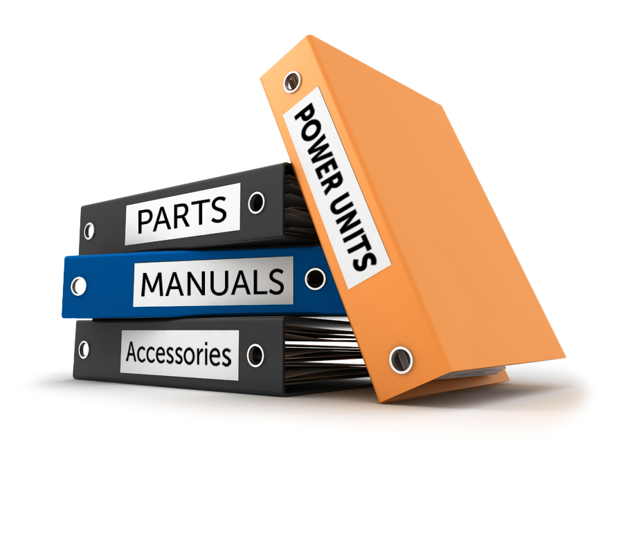 4 stacked binders; "parts", "manuals", "accessories", "power units"; white background