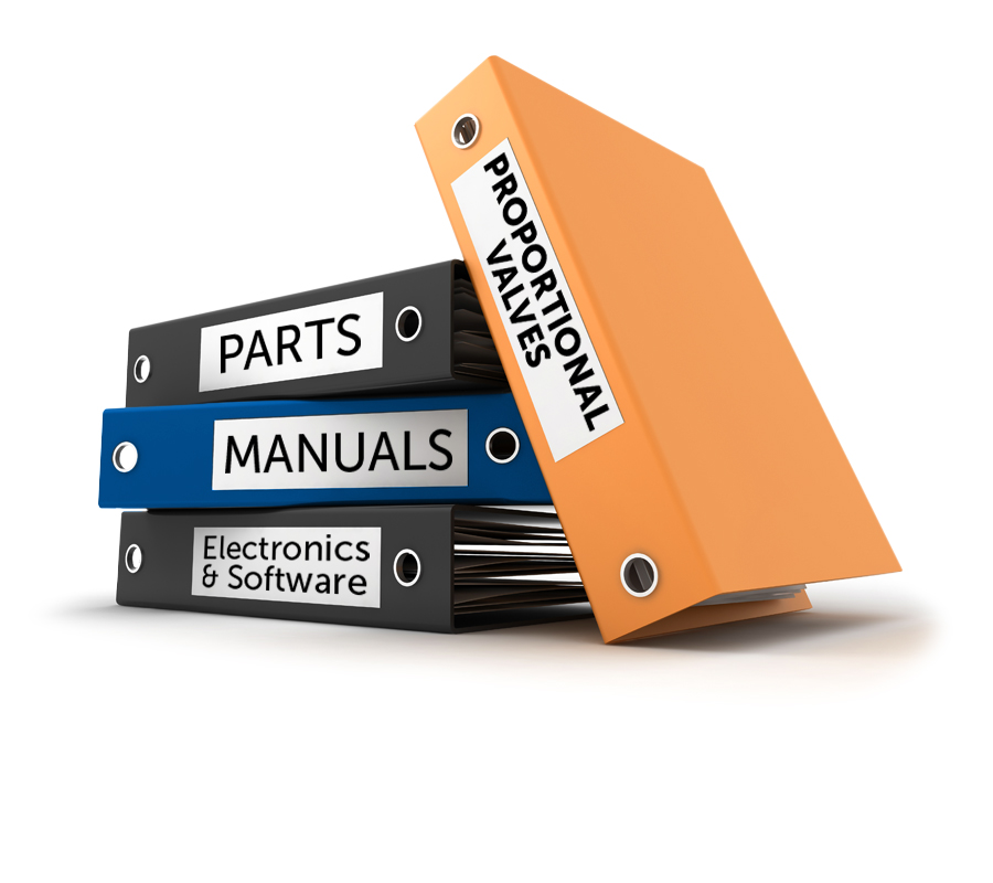 4 stacked binders; "parts", "manuals", "electronics & software", "proportional valves"; white background